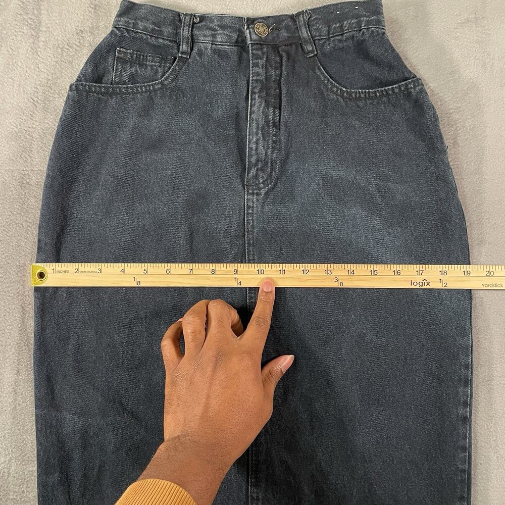 Y2K Baccini Dark Blue Denim Midi Skirt Straight Pencil Button Back Size 5/6 - Picture 4 of 11